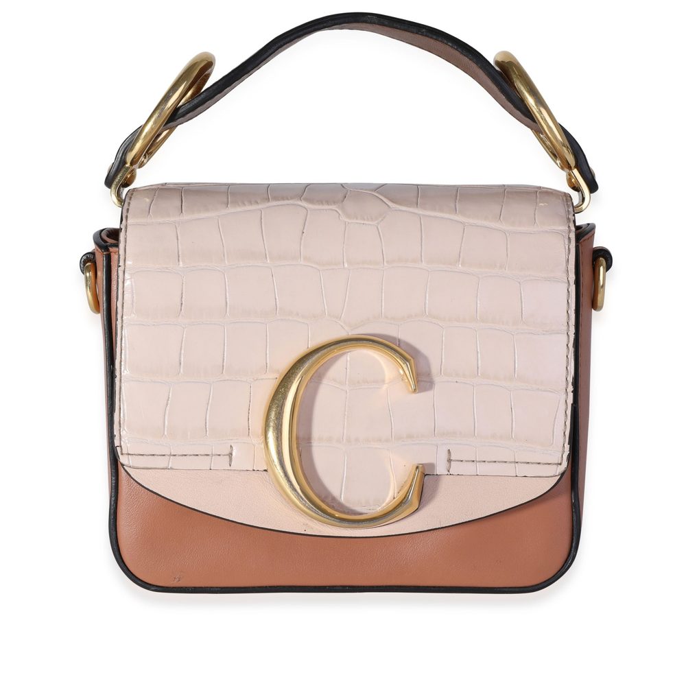 Chloe Tan Leather & Beige Croc-Embossed Mini C Bag